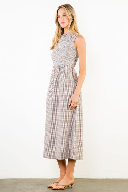 Sleeveless Smocked Gingham Print Dress - Brown
