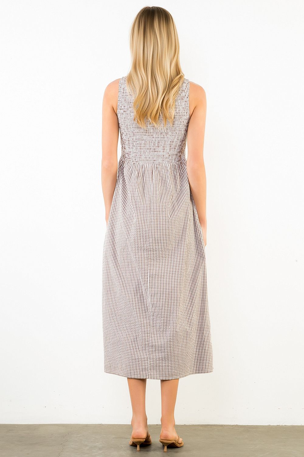 Sleeveless Smocked Gingham Print Dress - Brown