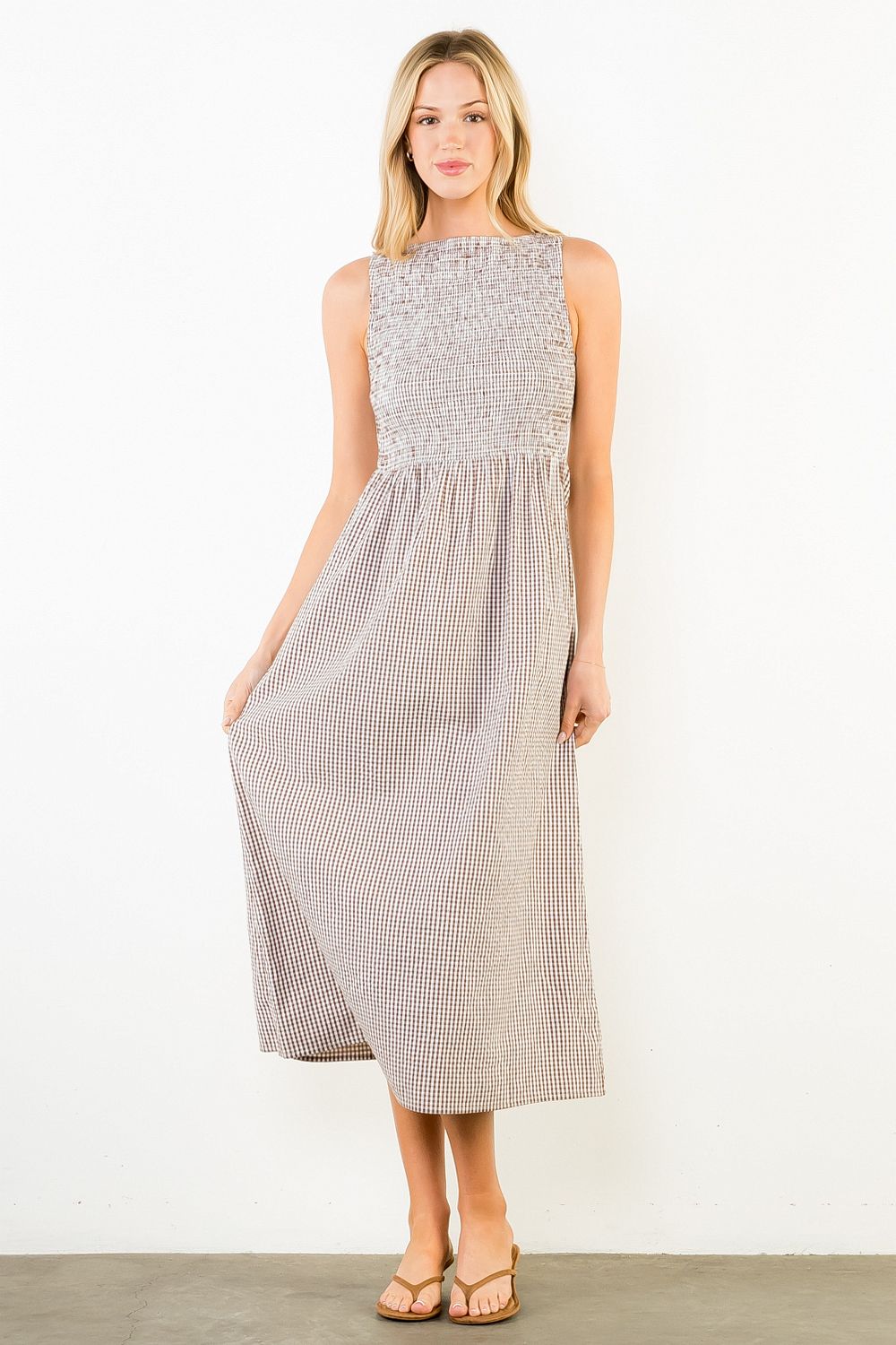 Sleeveless Smocked Gingham Print Dress - Brown