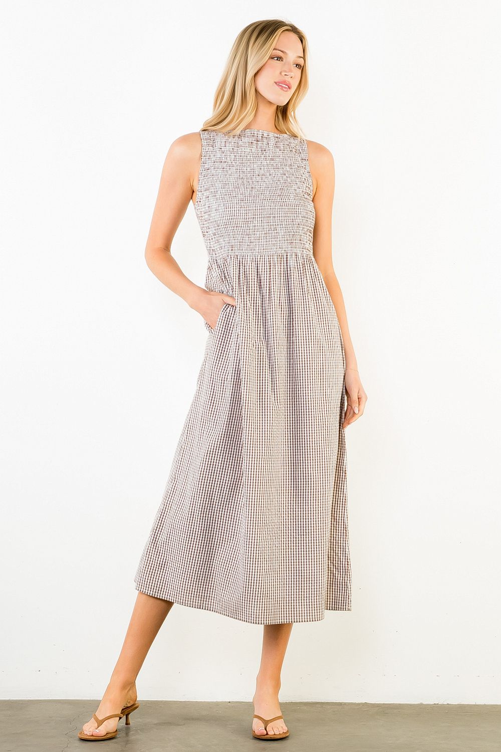 Sleeveless Smocked Gingham Print Dress - Brown