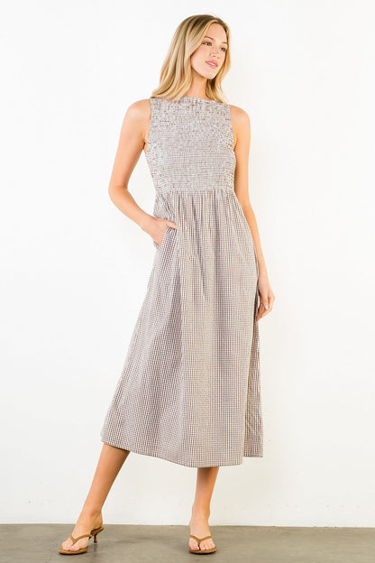 Sleeveless Smocked Gingham Print Dress - Brown