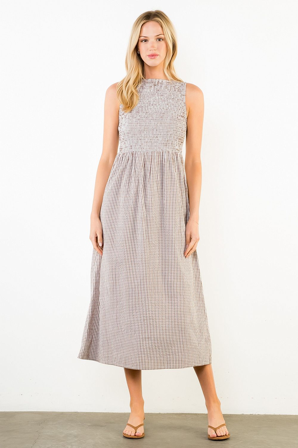 Sleeveless Smocked Gingham Print Dress - Brown