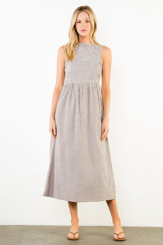 Sleeveless Smocked Gingham Print Dress - Brown