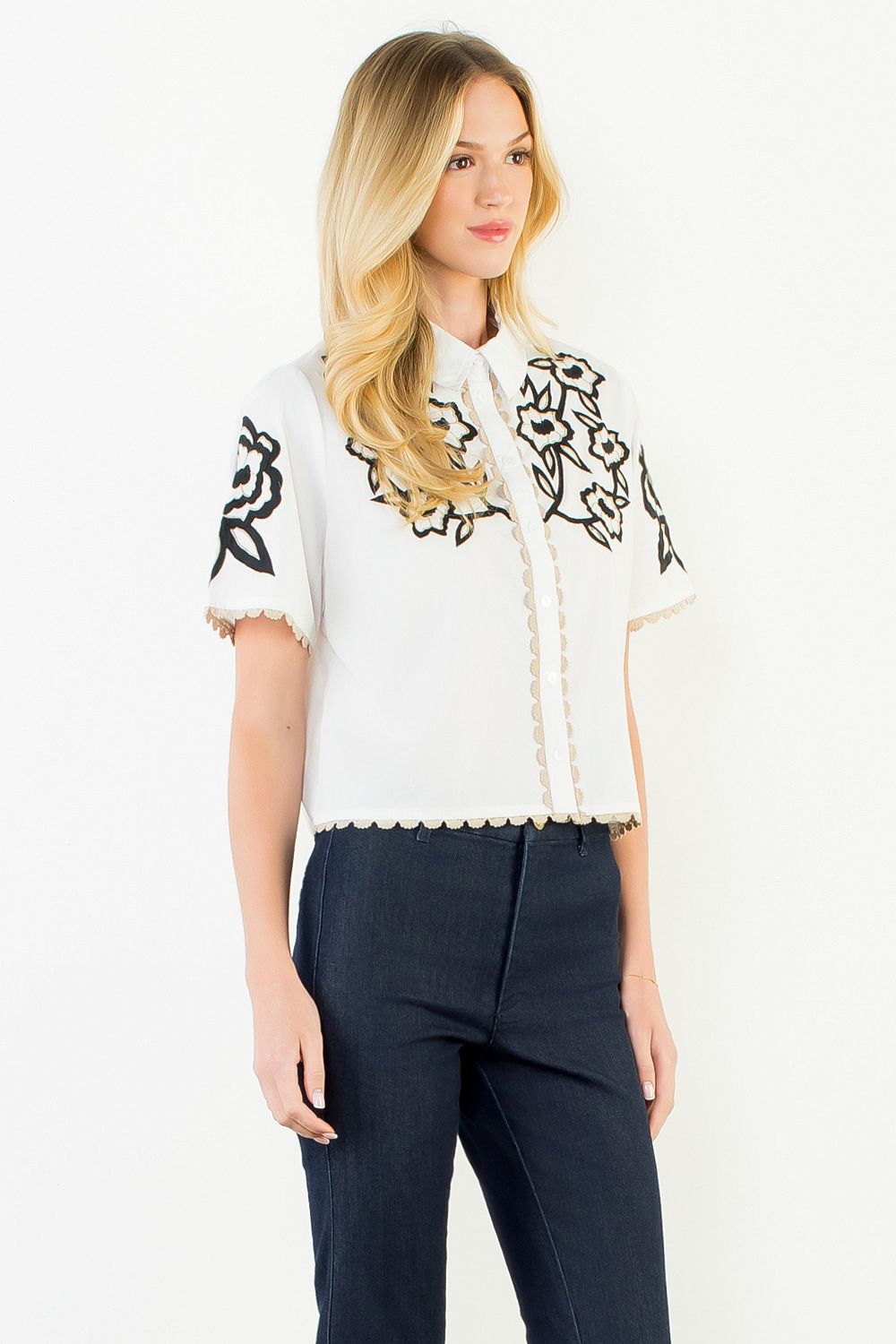 Collared Button Up Embroidery Top - White