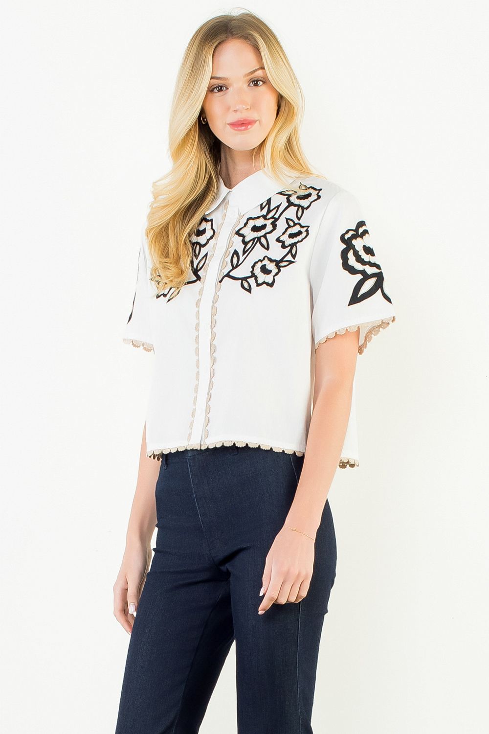 Collared Button Up Embroidery Top - White