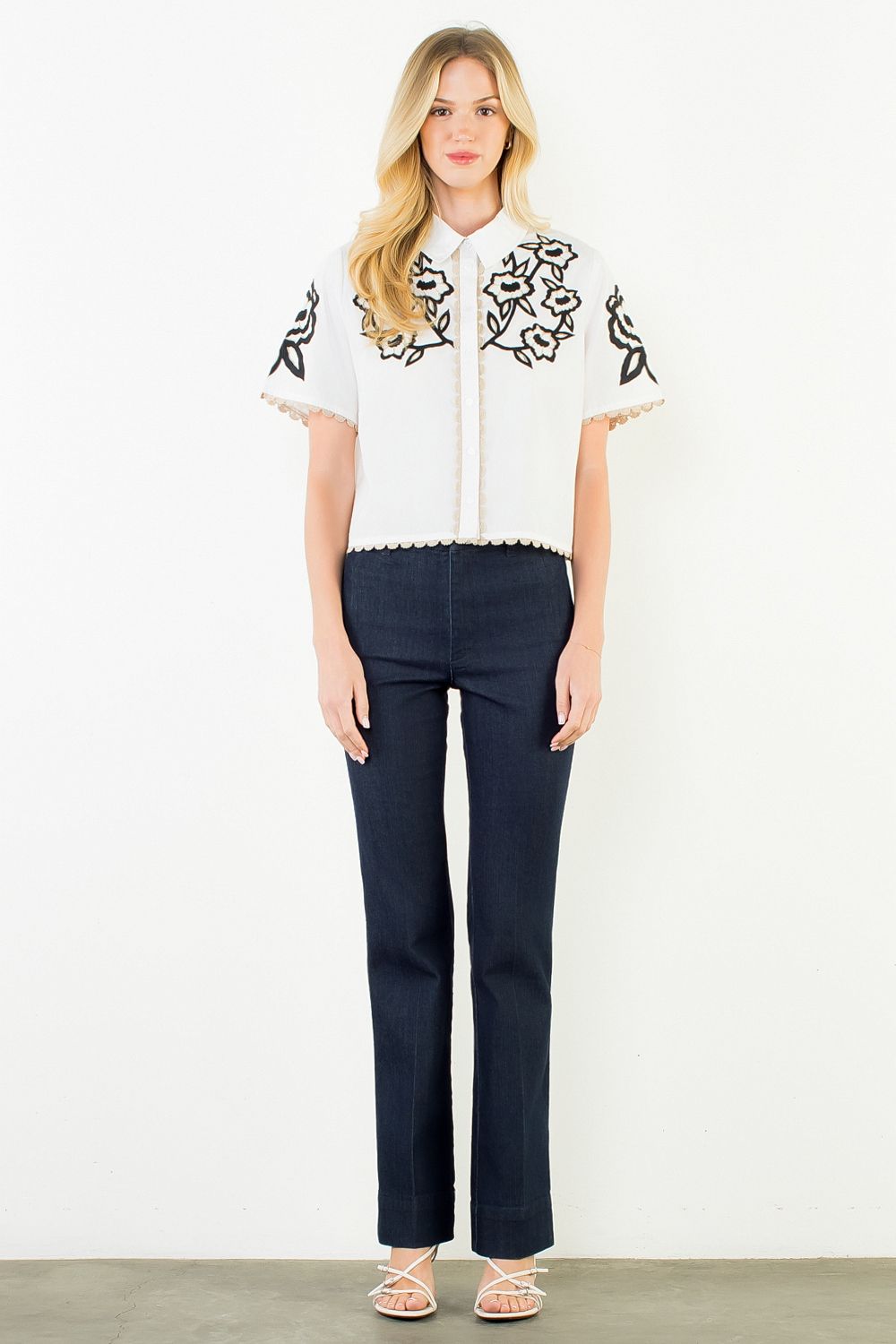 Collared Button Up Embroidery Top - White
