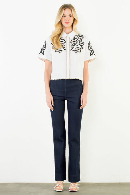 Collared Button Up Embroidery Top - White