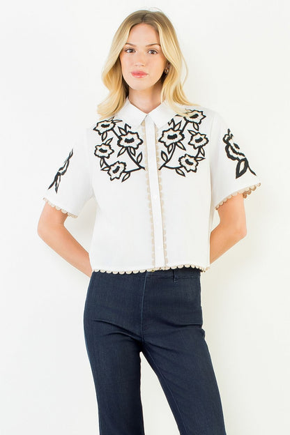 Collared Button Up Embroidery Top - White