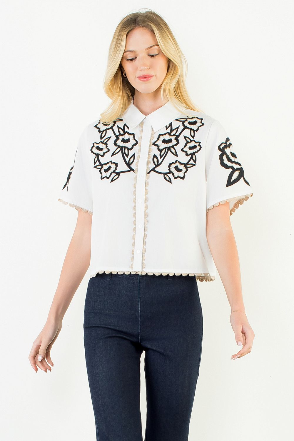 Collared Button Up Embroidery Top - White