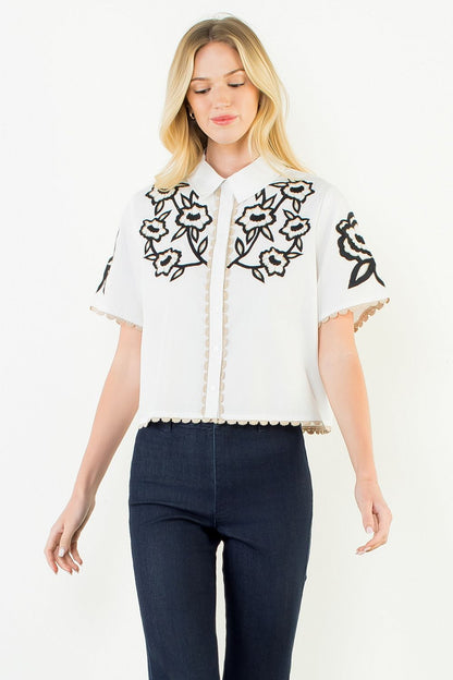 Collared Button Up Embroidery Top - White