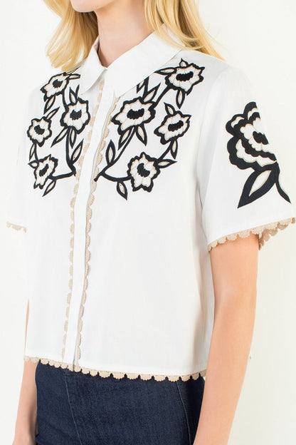 Collared Button Up Embroidery Top - White