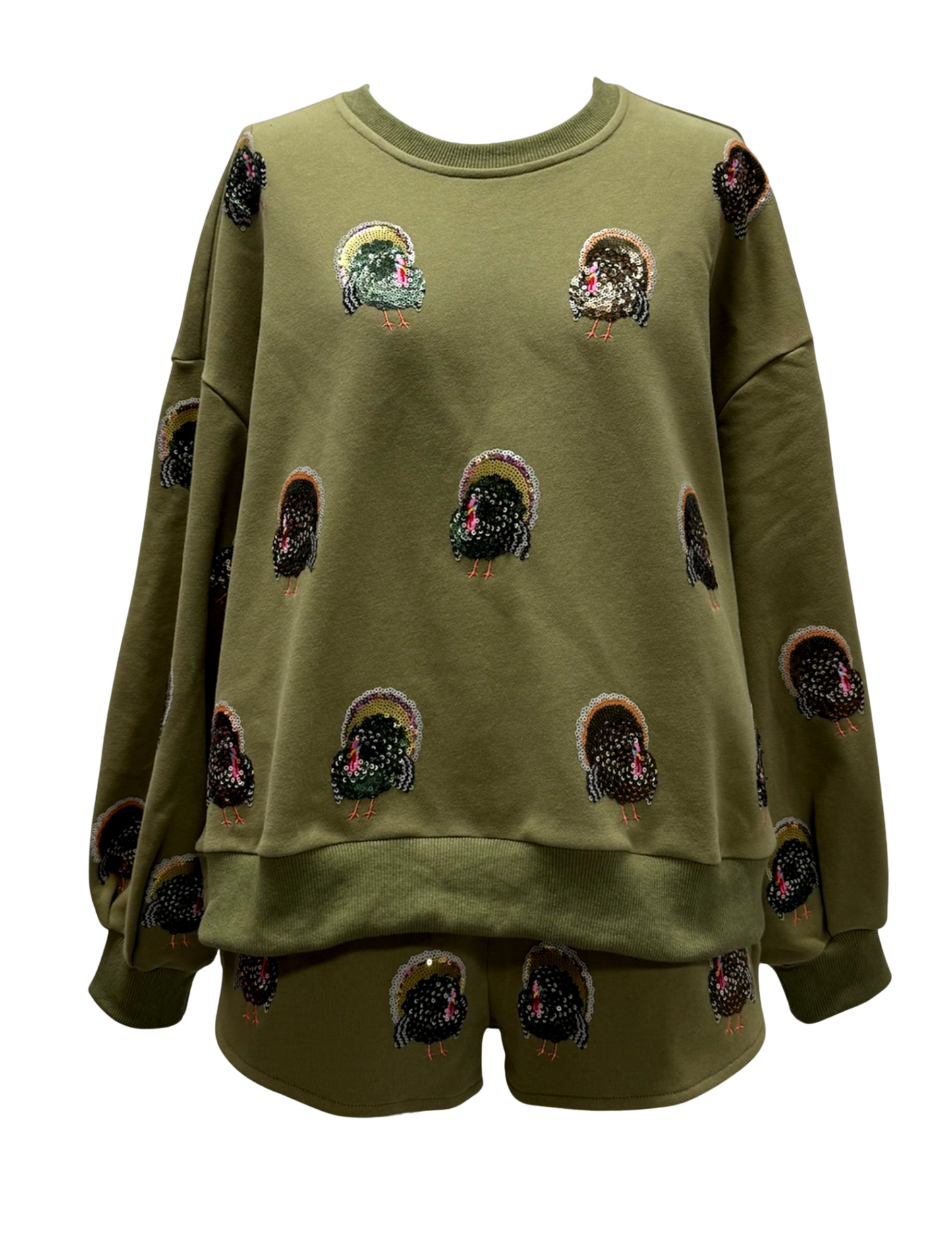Queen of Sparkles Olive Green Scattered Turkey Sweatshirt