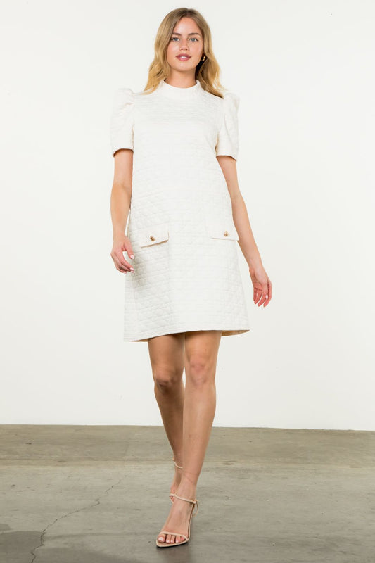 Short Sleeve Quilted Dress - Cream