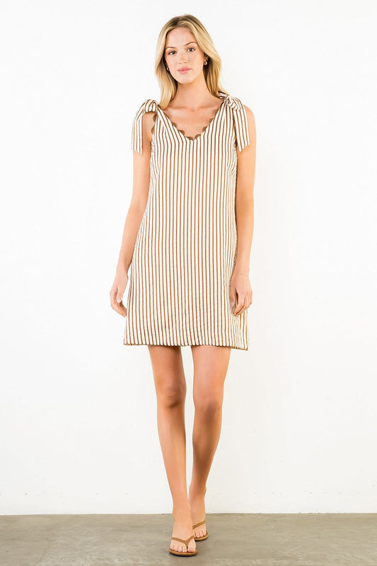 Tie Strap Scalloped Striped Dress - Brown