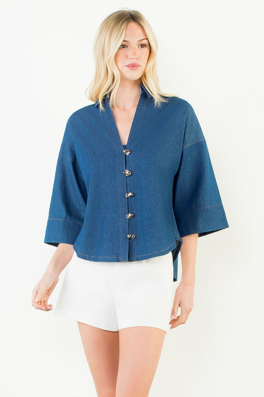 Denim Collared Button Up Top - Dark Blue