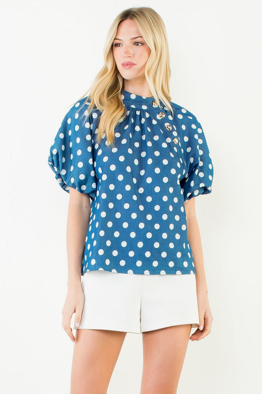 Puff Sleeve Polka Dot Mock Neck Top - Blue
