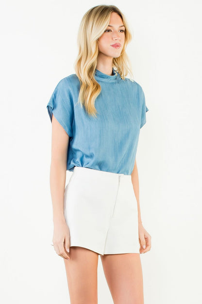 Short Sleeve Side Button Top - Light Blue