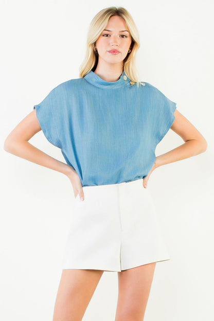 Short Sleeve Side Button Top - Light Blue