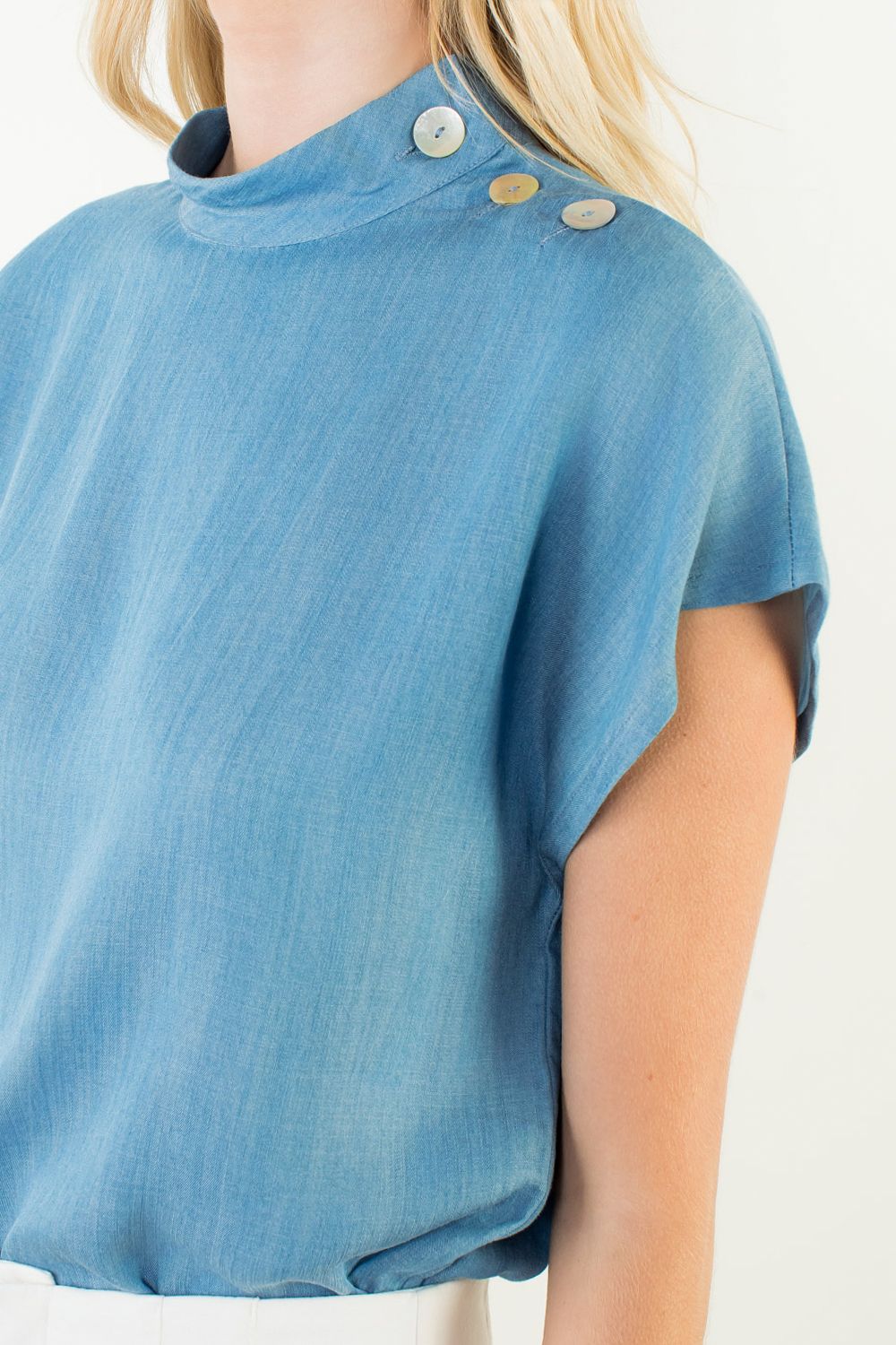 Short Sleeve Side Button Top - Light Blue