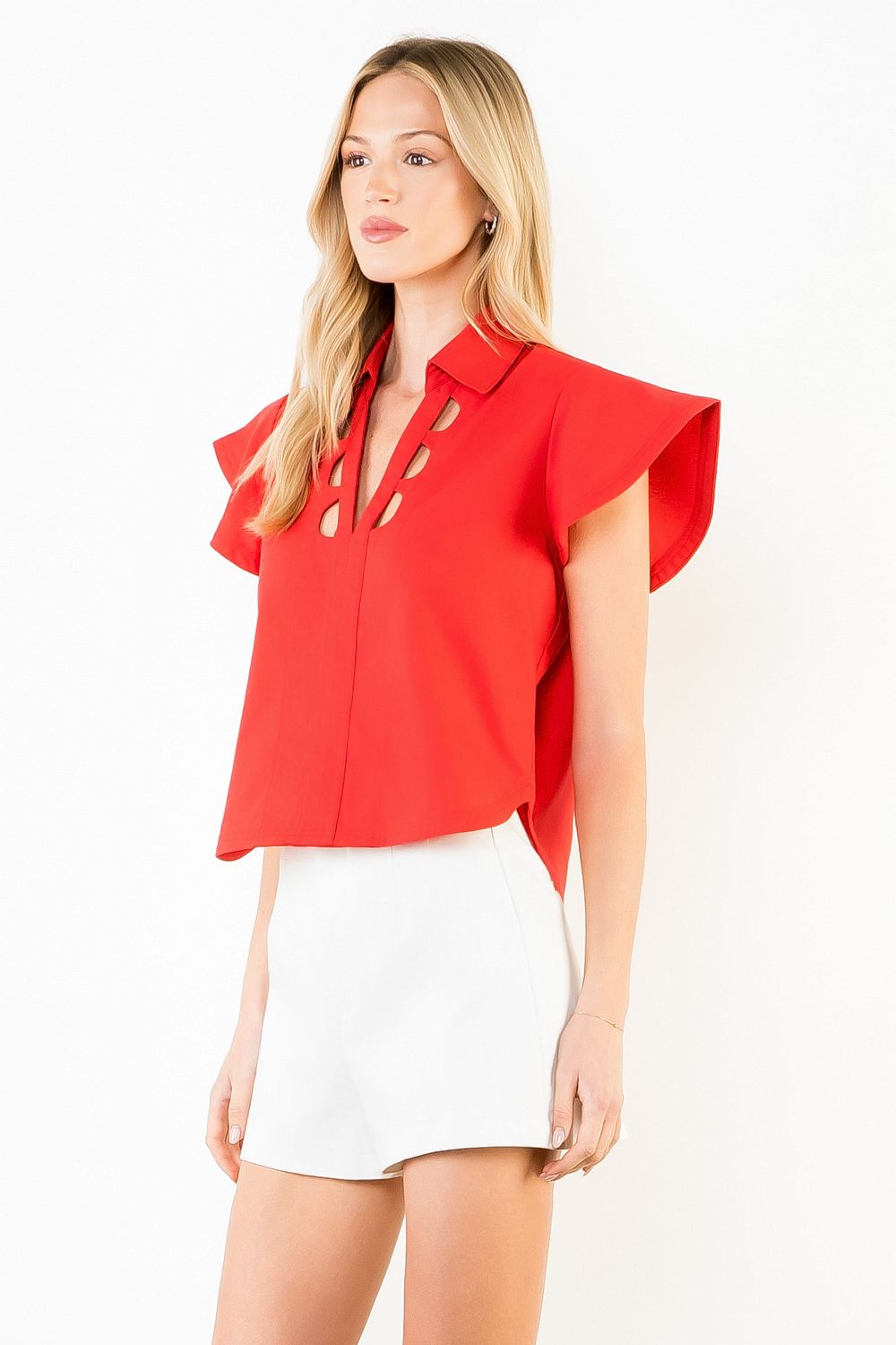 Short Sleeve Cut Out Detail Top - Red