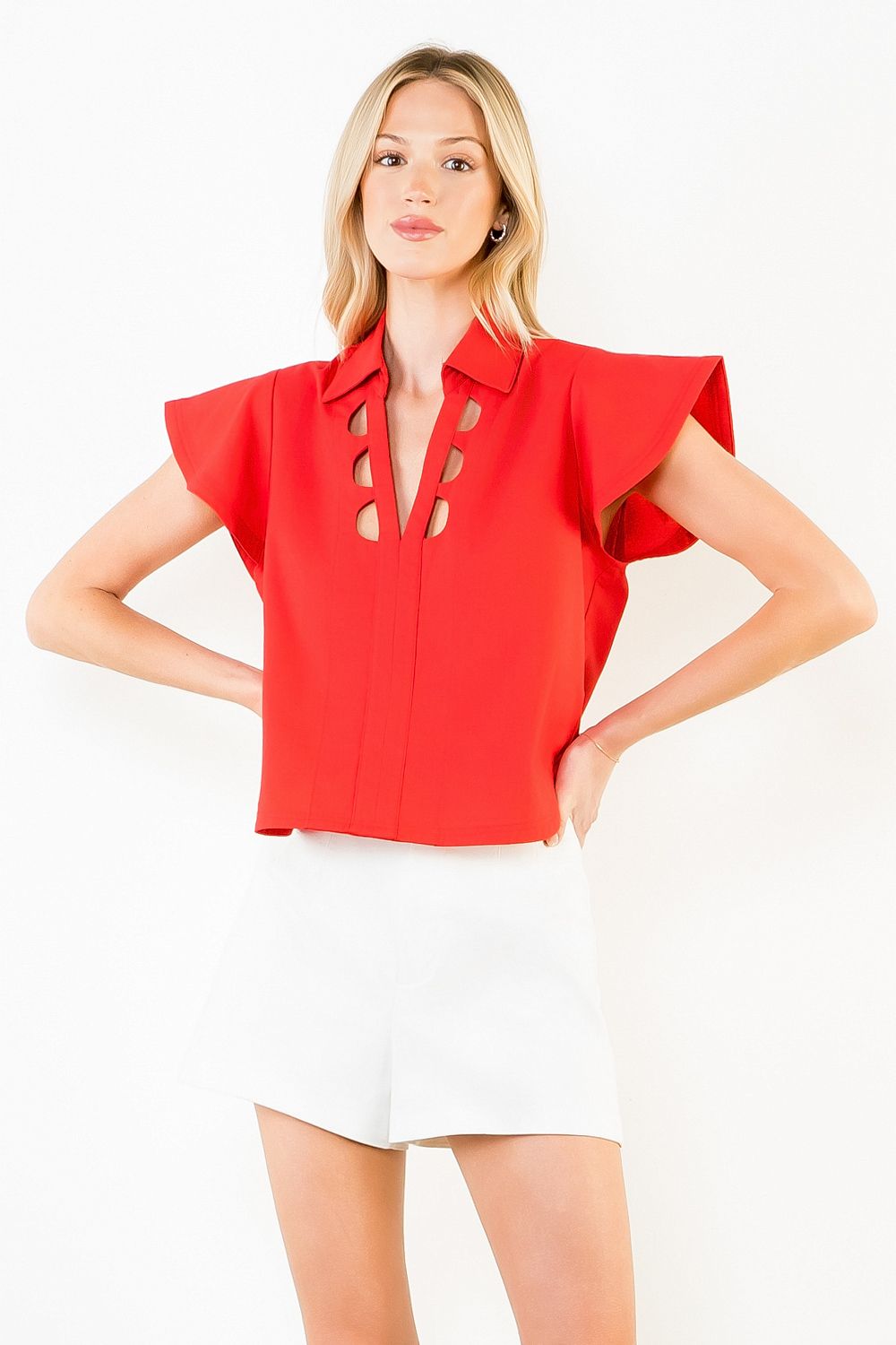 Short Sleeve Cut Out Detail Top - Red