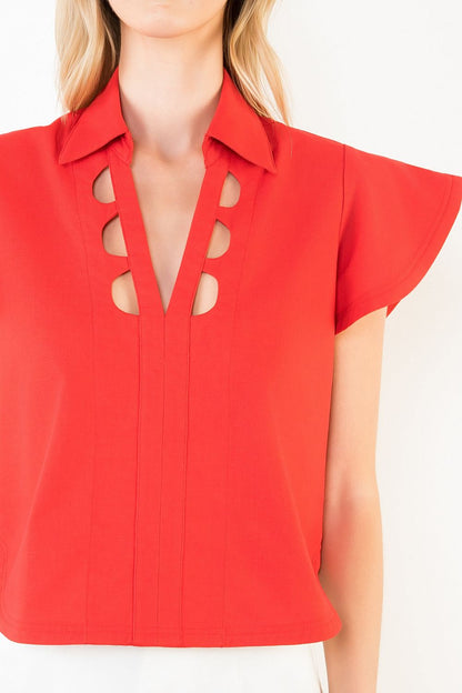 Short Sleeve Cut Out Detail Top - Red