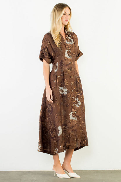 Button Up Long Floral Dress - Brown
