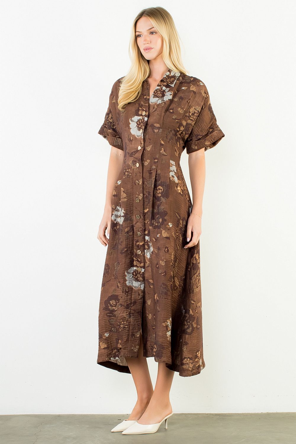 Button Up Long Floral Dress - Brown