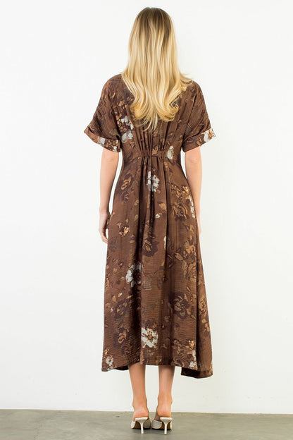 Button Up Long Floral Dress - Brown