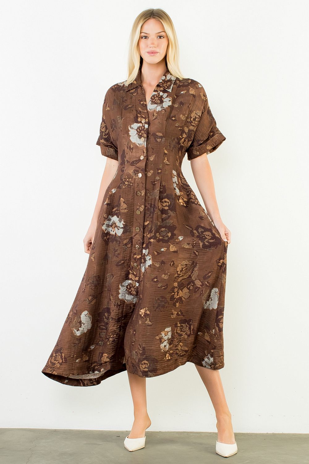Button Up Long Floral Dress - Brown