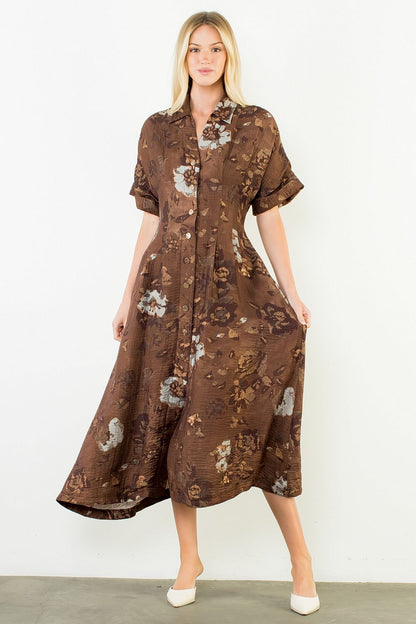 Button Up Long Floral Dress - Brown