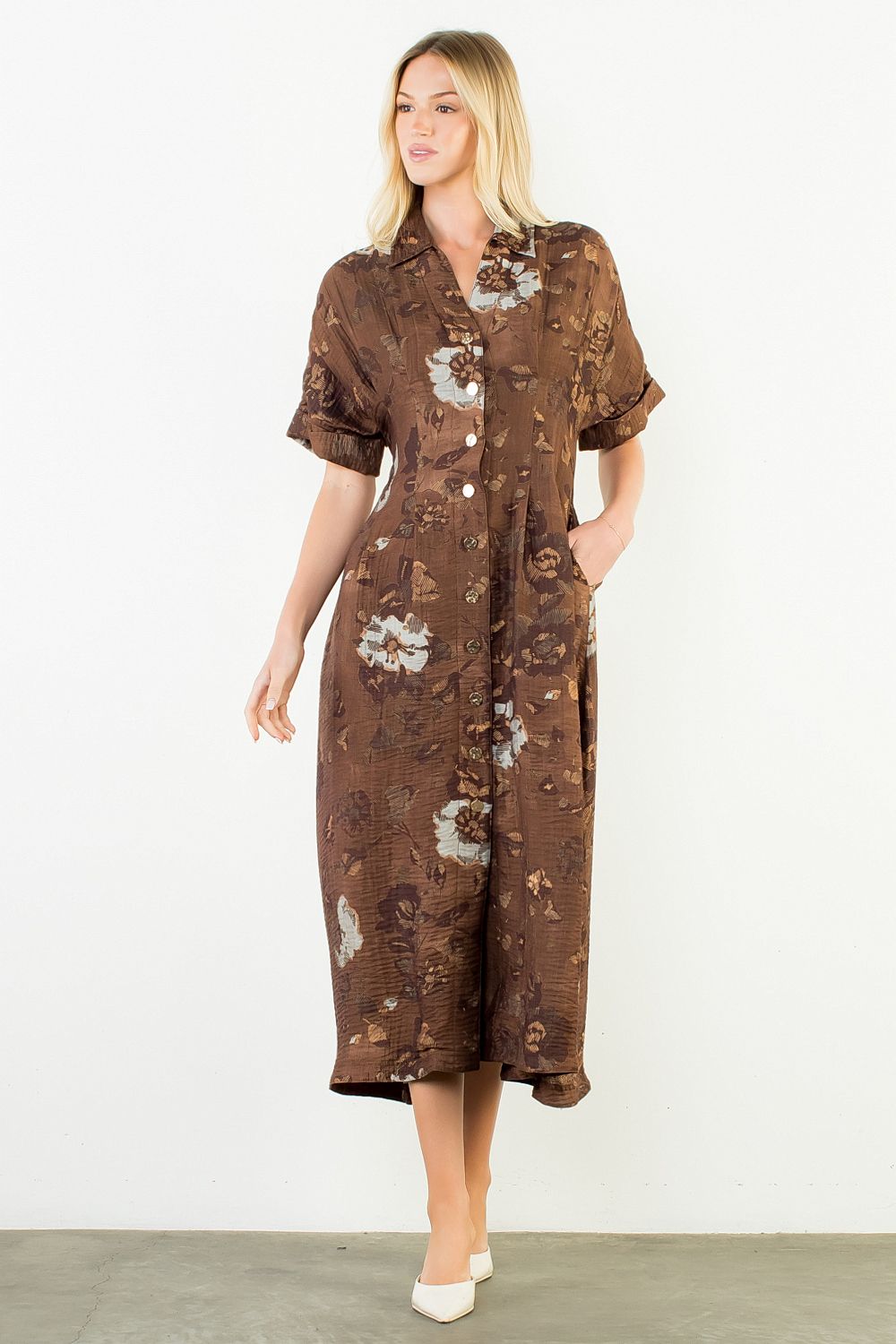 Button Up Long Floral Dress - Brown