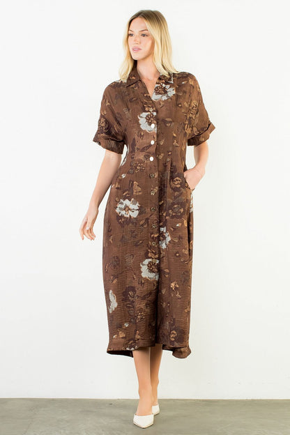 Button Up Long Floral Dress - Brown
