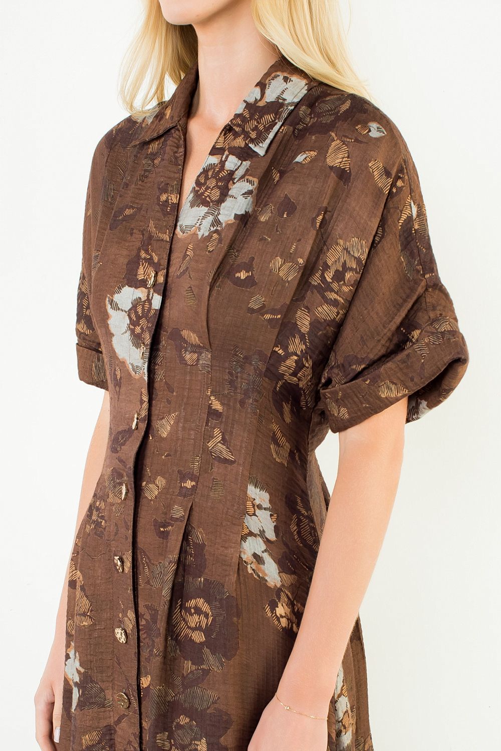 Button Up Long Floral Dress - Brown