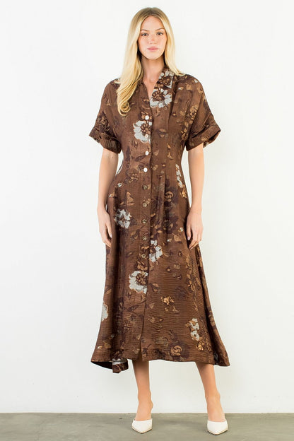 Button Up Long Floral Dress - Brown