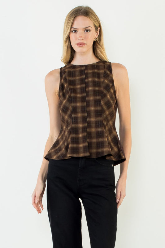 Sleeveless Plaid Peplum Top - Brown