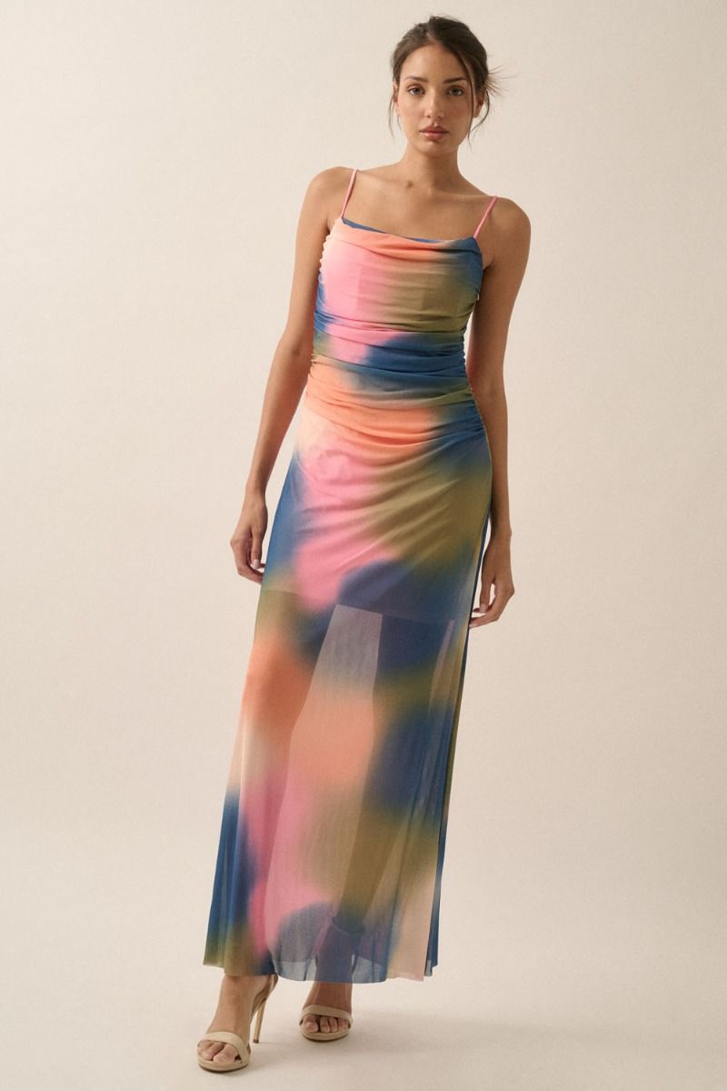 Tie-Dye Print Mesh Maxi Dress - Pink/Blue/Green