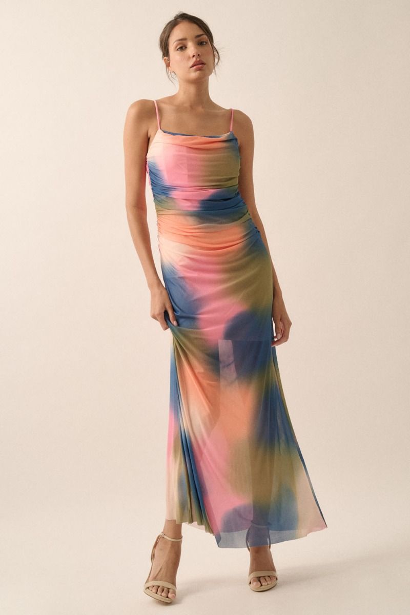 Tie-Dye Print Mesh Maxi Dress - Pink/Blue/Green