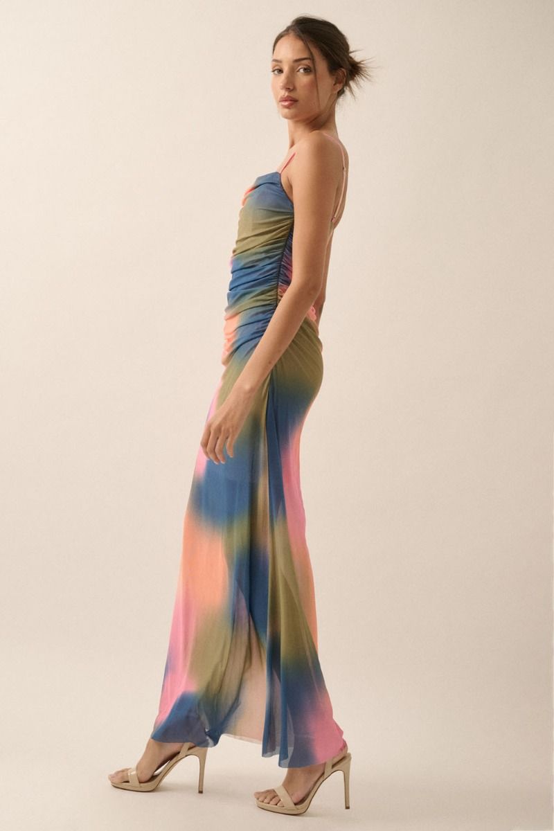 Tie-Dye Print Mesh Maxi Dress - Pink/Blue/Green