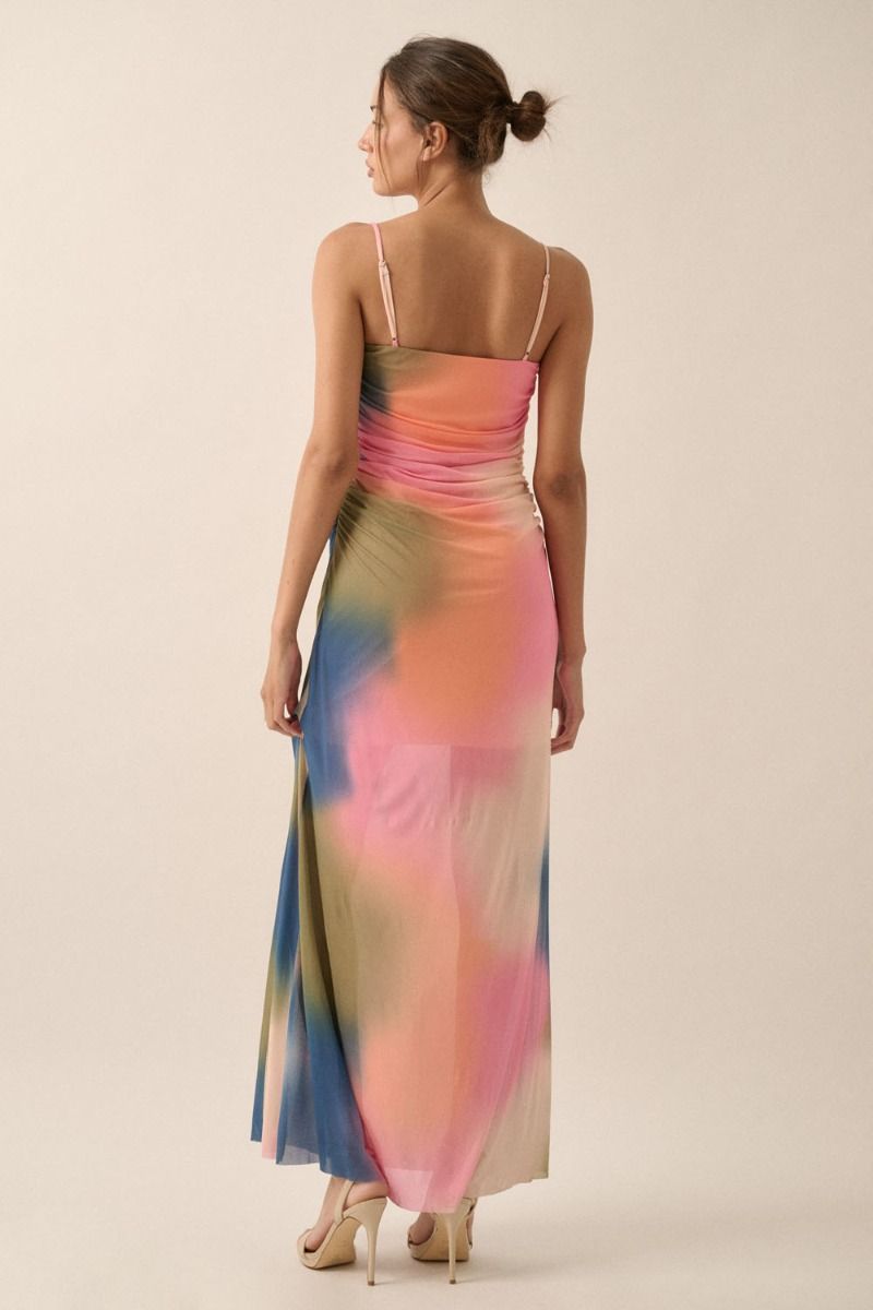 Tie-Dye Print Mesh Maxi Dress - Pink/Blue/Green