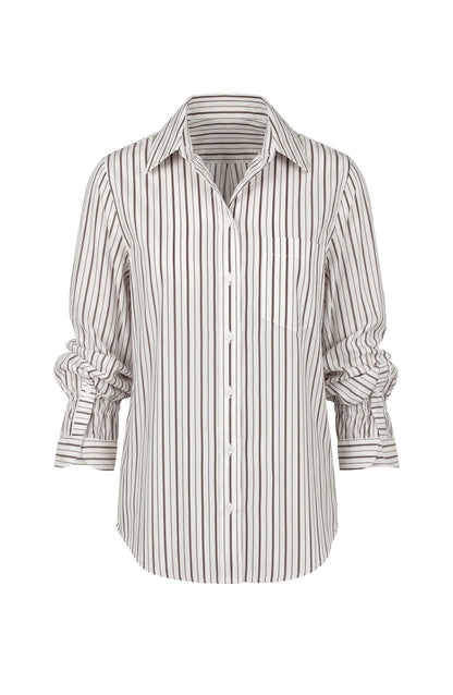 Adjustable Sleeve Button Front Top - Cream Dark Espresso