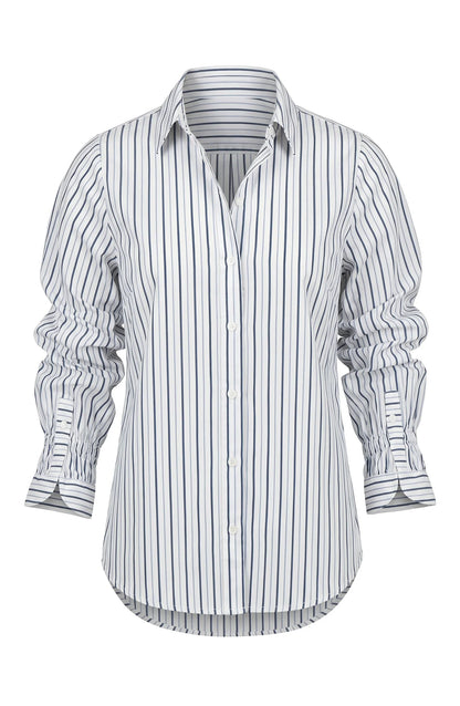Adjustable Sleeve Button Front Top - White Club Navy