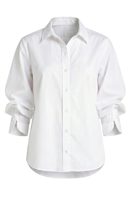 Adjustable Sleeve Button Front Top - White