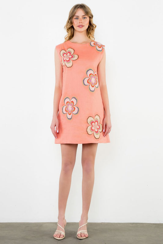 Sleeveless Flower Embroidered Dress - Coral