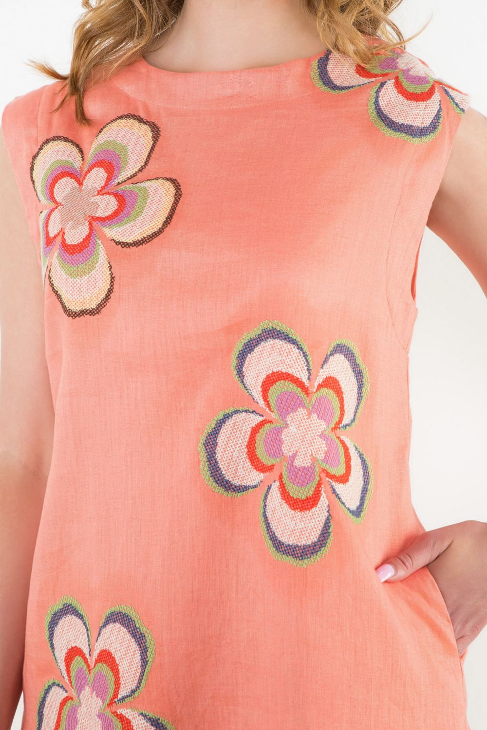 Sleeveless Flower Embroidered Dress - Coral