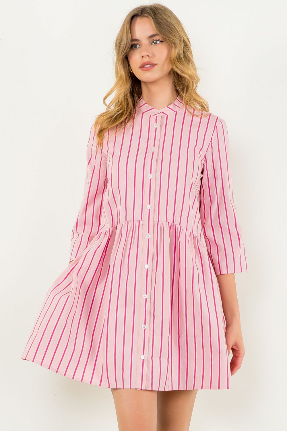 Short Sleeve Striped Button Up Dress - Pink