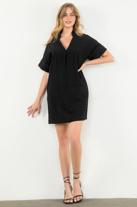 Textured Short Sleeve Dress - Black