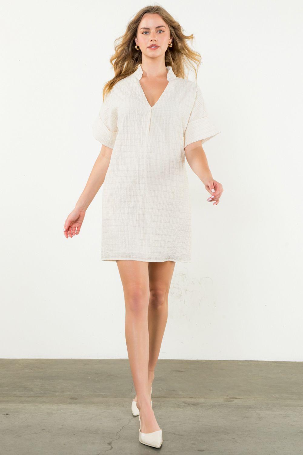 Textured Short Sleeve Dress - Cream