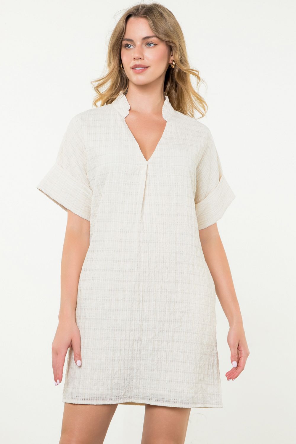 Textured Short Sleeve Dress - Cream