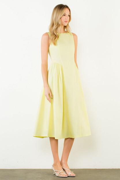 Sleeveless Gathered Waist Midi Dress - Yellow